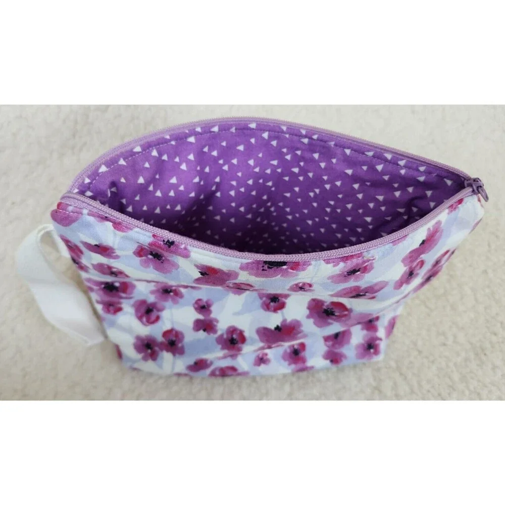 Purple Flower/Floral Print Makeup Bag, Floral Project Bag, Zippered Craft Pouch